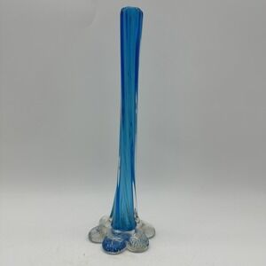 VTG Narrow Twisted Stemmed Flower Vase W/Elephant Foot Blue & ClearArt Glass 11"